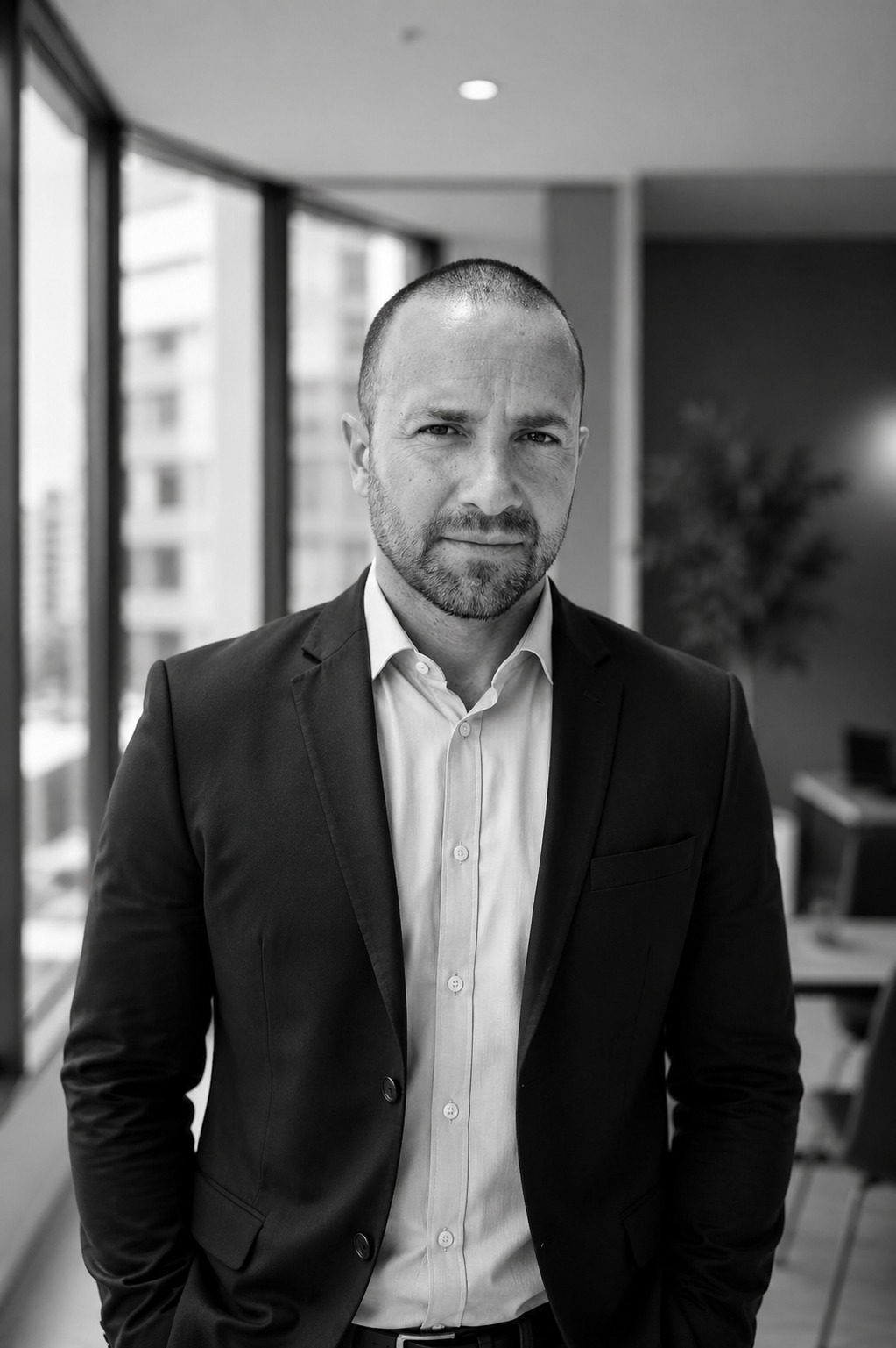 Retrato premium en blanco y negro para diagnóstico estratégico StrongHUB